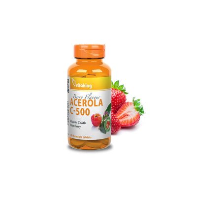 Acerola vitamin C-500 zvečilne tablete z aromo jagode, 40 tablet