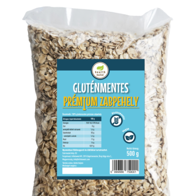 500 g bag of gluten-free premium oats with a blue label visible through a clear plastic bag on a white background
