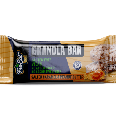 Granola bar wrapper with Salted Caramel & Peanut Butter flavor, noting gluten free, vegan, no added sugar/sweetener.