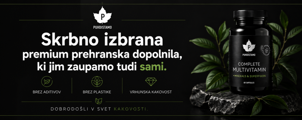 Dark promotional banner with a PUHDISTAMO Complete Multivitamin bottle on the right, featuring Slovene text about premium supplements and trust.