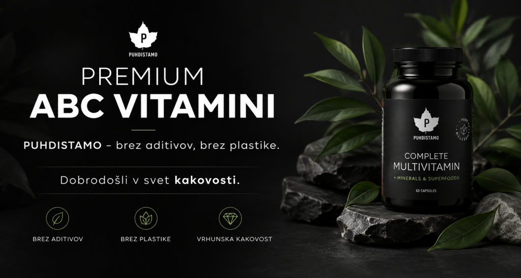 Dark hero banner promoting PUHDISTAMO Complete Multivitamin; bottle on the right with bold white text on the left and green leaves.”,