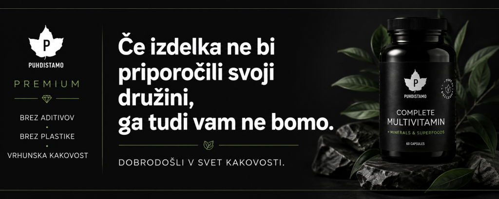 Marketing banner for Puhdistamo Premium multivitamins: black background, left logo and Slovenian text, right-side bottle on rocks with green leaves.