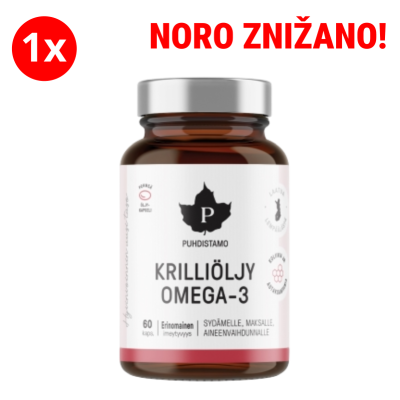 Krill oil Omega-3 supplement bottle on a black background with a red '1x' badge and a red sale banner reading 'NORO ZNIŽANO!' above the bottle