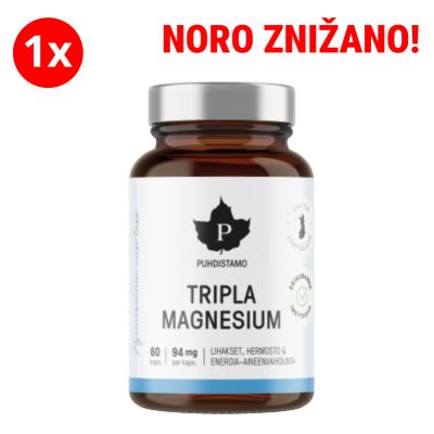 Magnesium supplement bottle labeled 'Tripla Magnesium' with a red discount badge and 'NORO ZNIŽANO!' banner above.