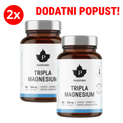 Two bottles of Tripla Magnesium supplement with white labels and blue accents, plus a red '2x' promo circle and 'DODATNI POPUST!' banner above.